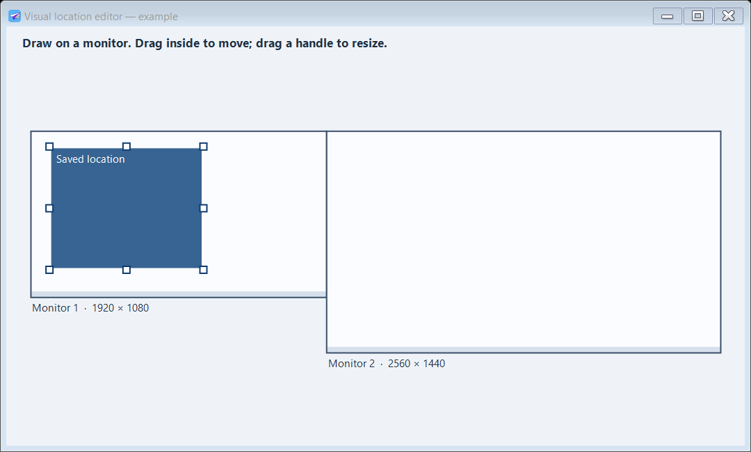 A named location shown as a blue rectangle on a monitor diagram, with eight visible resize handles.