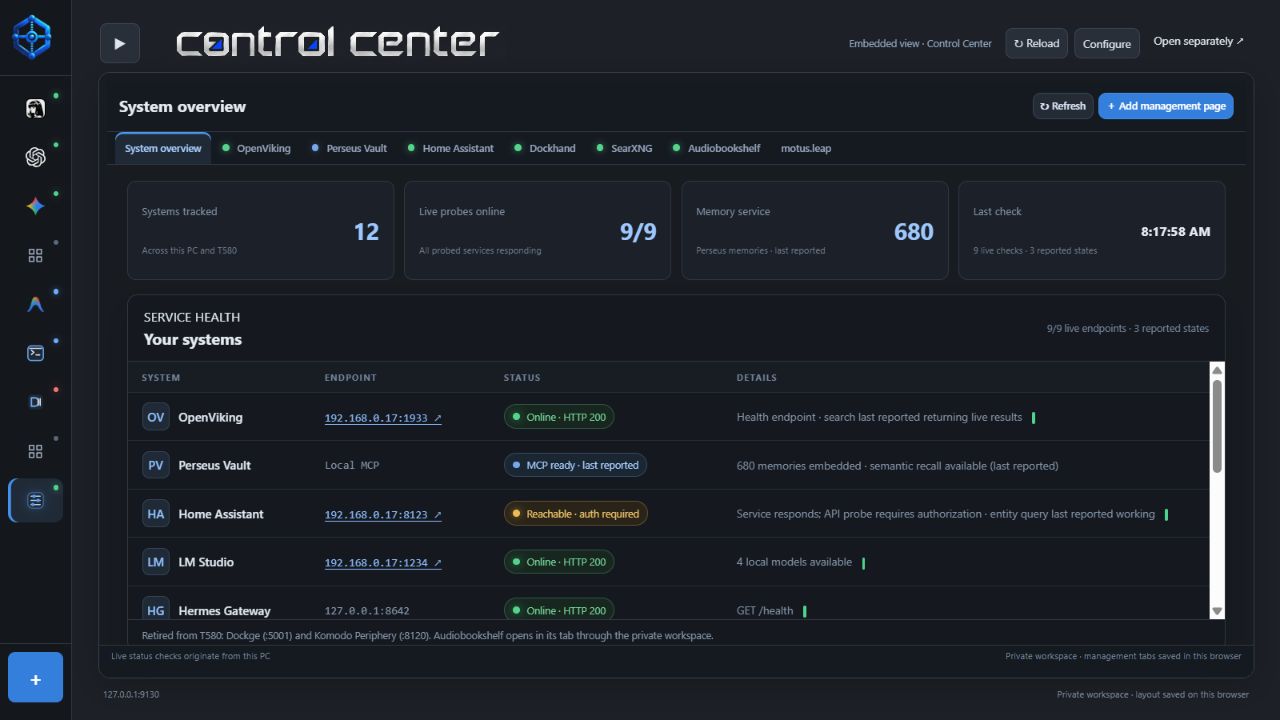 Actual arnés workspace showing configured local services