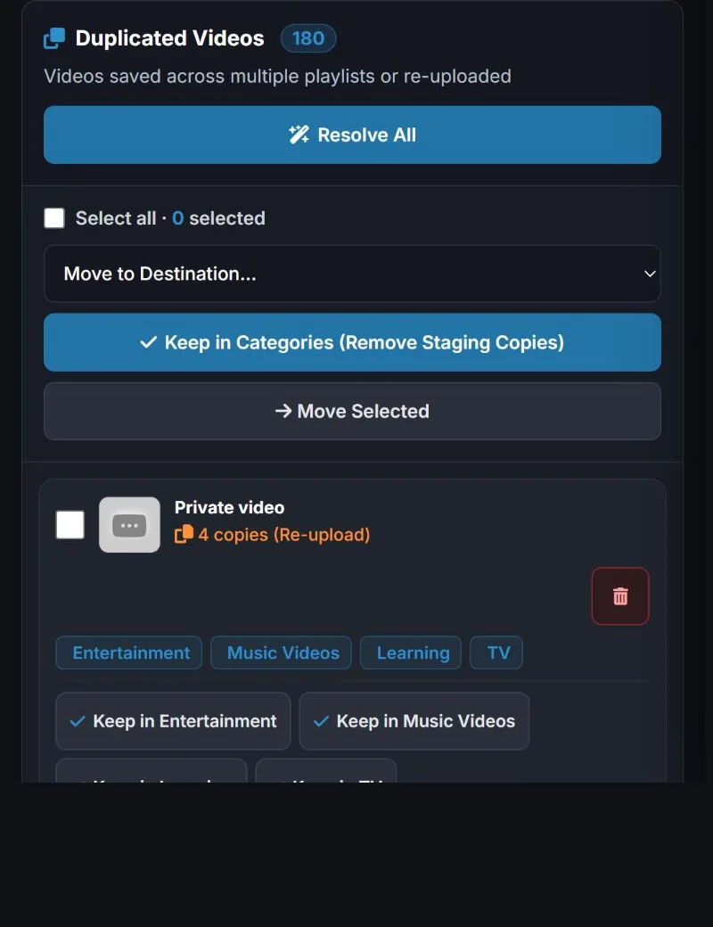 Actual motus.leap maintenance queue showing 180 duplicated videos and options to keep or move each one.