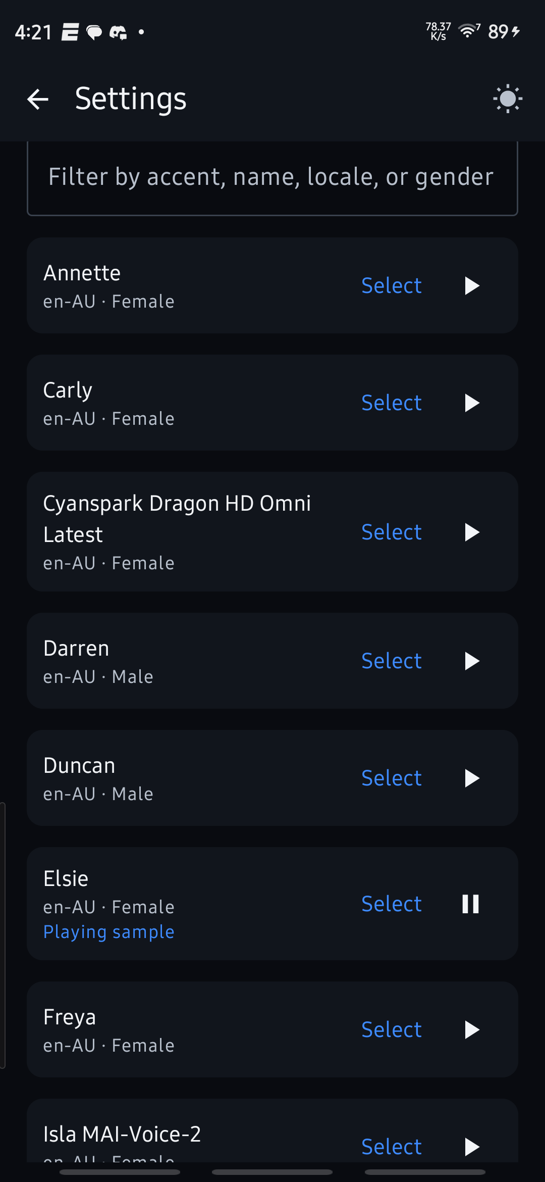 Actual Yomu voice selection screen